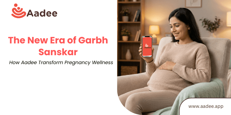 A peaceful pregnant woman using a digital Garbh Sanskar app at home to support mindful pregnancy wellness digital apps.
