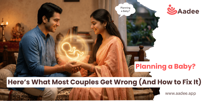 Planning a baby Indian couple discussing future pregnancy in a warm home setting