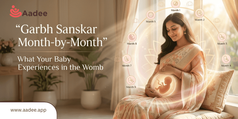 Pregnant Indian woman holding her belly with glowing womb illustration showing baby development month by month, representing Garbh Sanskar journey