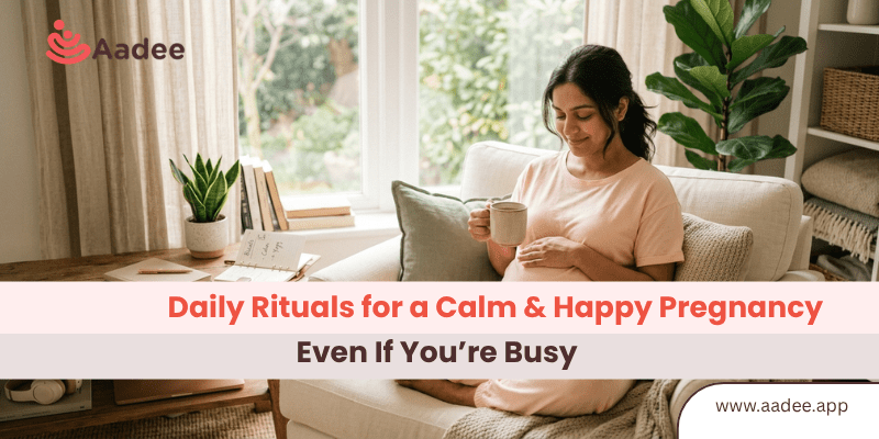 Pregnant woman practicing calming daily rituals for a happy and stress-free pregnancy at home