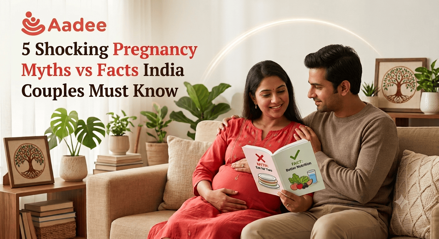 An expectant Indian couple sitting on a living room sofa reading an informative booklet about pregnancy myths vs facts india, featuring the Aadee brand logo.