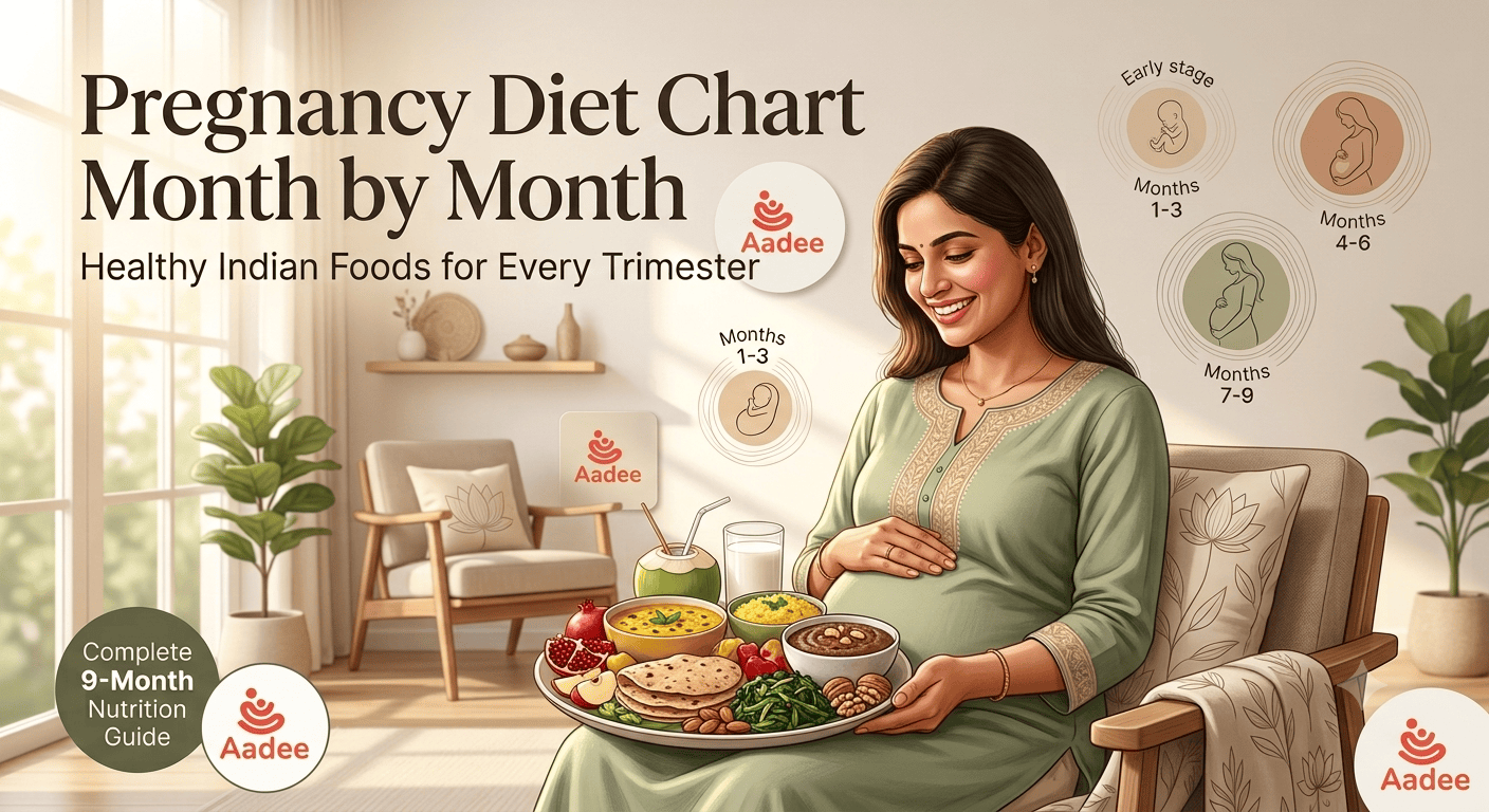 Pregnancy Diet Chart Month by Month showing healthy Indian foods for every trimester, including dal, fruits, vegetables, milk, nuts, and whole grains for a healthy pregnancy.